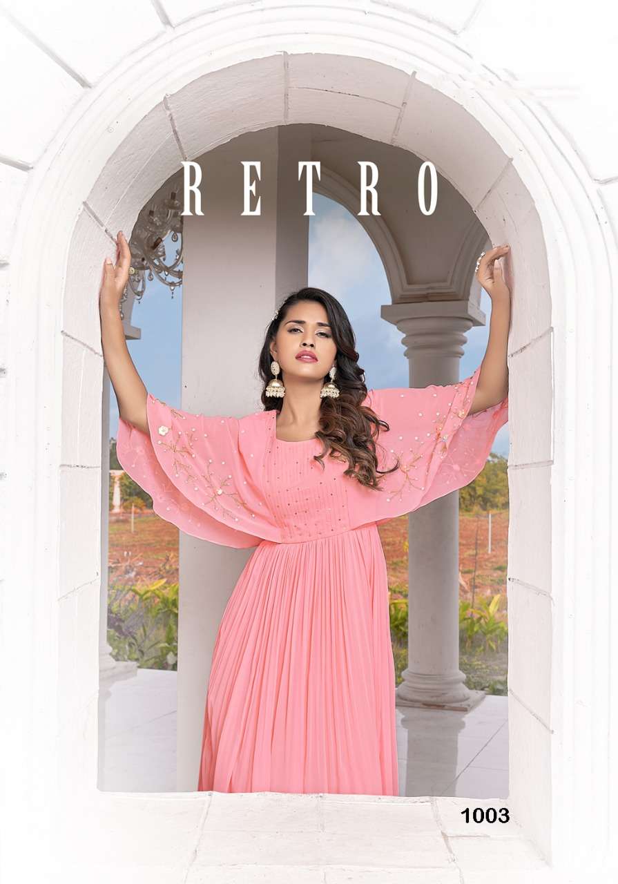 S3forever- Retro Vol 1-Fabric-Gorgette-Handwork-Long-Gown-Kurti-With Inner-1003-C